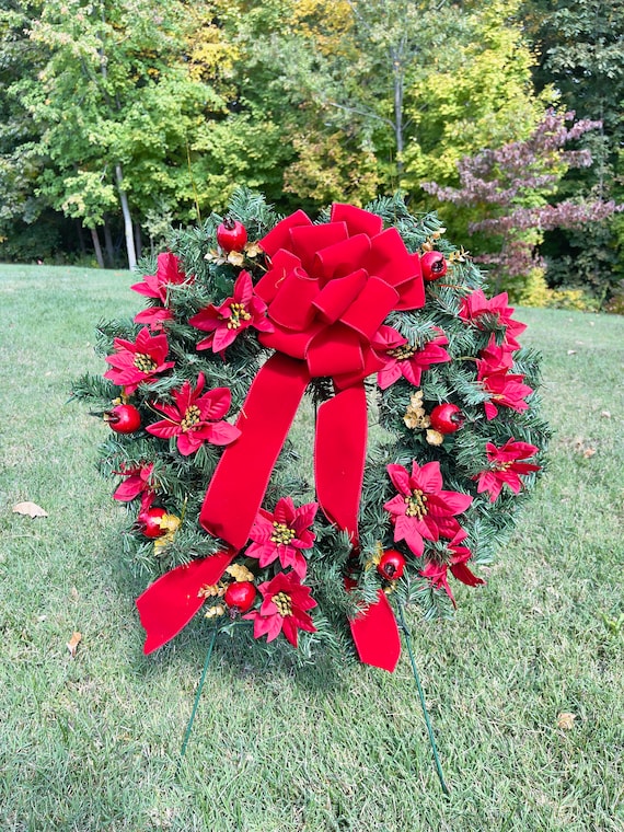 Red Bow Christmas Cemetery Wreath, Christmas Wreath, Wreath, Christmas Cemetery Flowers, Wreath Arrangement, Christmas Headstone Wreath
