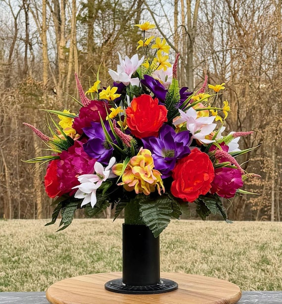 Multi-Color Cemetery Vase Arrangement, Grave Decorations, Memorial Flowers