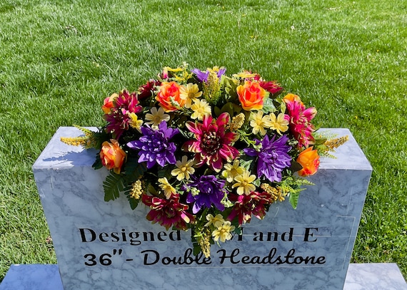 Purple-Red-Yellow-Orange Cemetery Saddle, Flowers for the Cemetery, Memorial Saddle, Sympathy Flowers, Cemetery Flowers, Gravesite Flowers