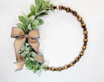 1 Lamb's Ear and Wooden Bead Wreath, Year-Round Wreath, Front Door Wreath, Farmhouse Wreath, Rustic Decor wreath, French Country Wreath