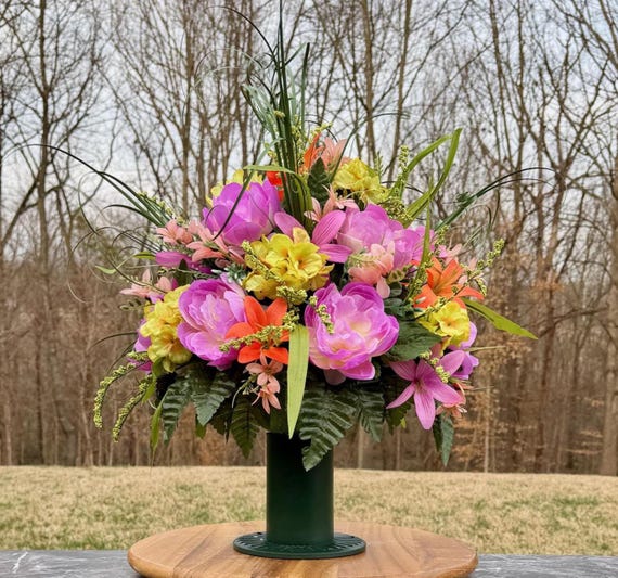 Pink, Yellow and Orange Cemetery Vase Arrangement, Headstone Arrangement, Memorial Flowers