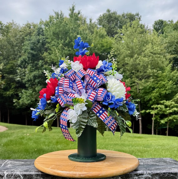 Patriotic Red White Blue Cemetery Vase Arrangement, Memorial Flower Vase