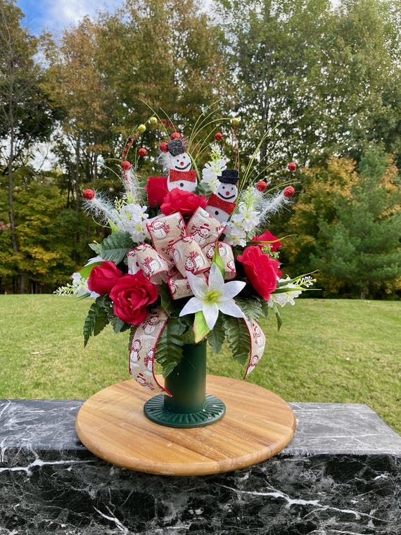 Christmas Cemetery Vase: Winter Snowman Vase with Bow Memorial Flowers