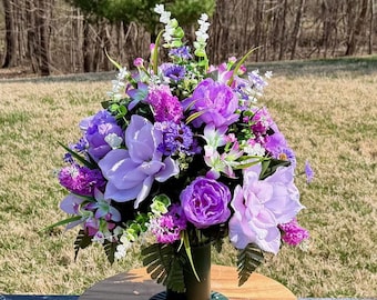 Violets and Whites Cemetery Vase, Grave Decorations, Memorial Arrangement Flowers