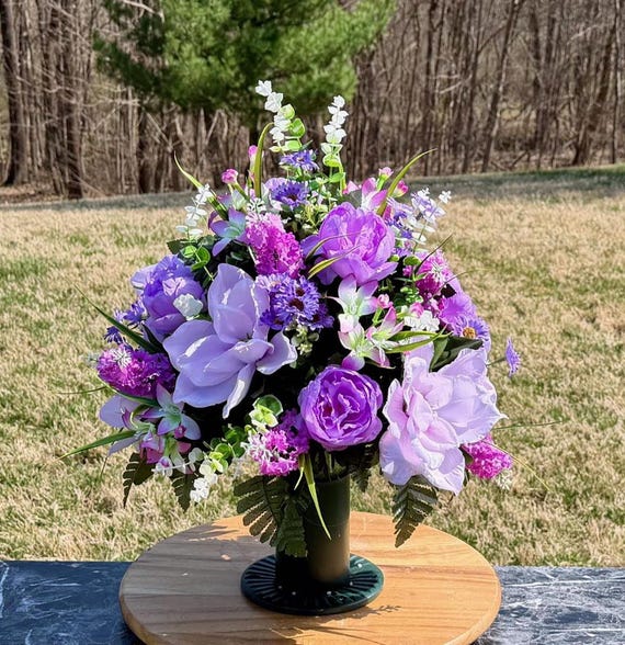 Violets and Whites Cemetery Vase, Grave Decorations, Memorial Arrangement Flowers