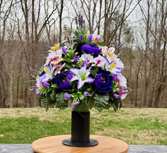 Purple Pink Green Cemetery Vase Arrangement, Memorial Flowers, Sympathy Silk Bouquet