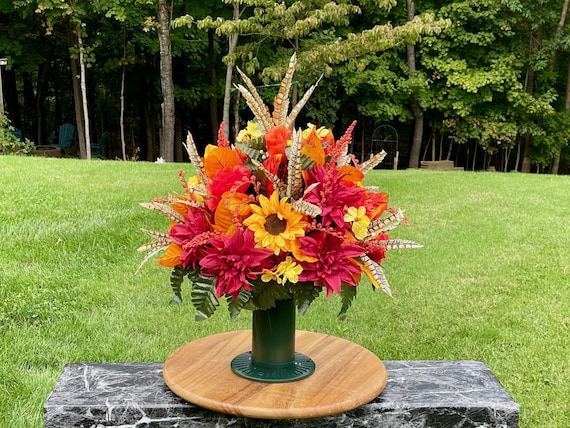 Fall Cemetery Vase: Sunflower and Bright Colors Silk Flower Memorial Arrangement