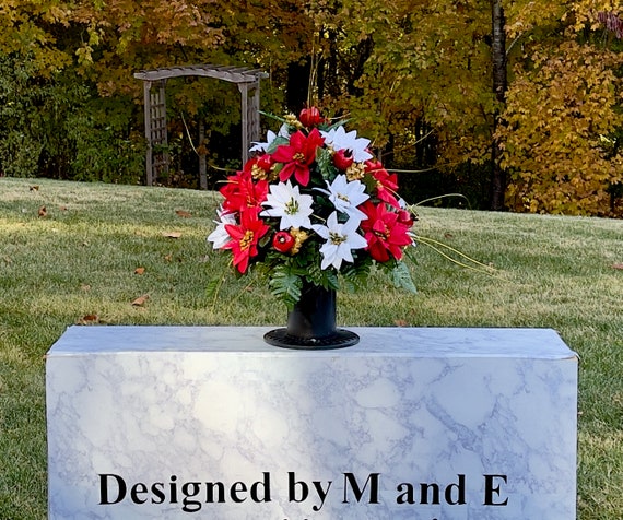 Red and White Christmas Cemetery Vase Piece, Vase, Memorial Cemetery Vase, Memorial Flowers, Memorial Day Cemetery Vase, Sympathy Flowers