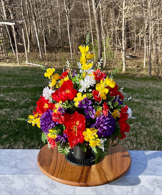 Bright Yellow-Red-Purple Cemetery Vase, Vase Arrangement, Memorial Cemetery Vase, Memorial Flowers, Spring Cemetery Vase, Sympathy Flowers
