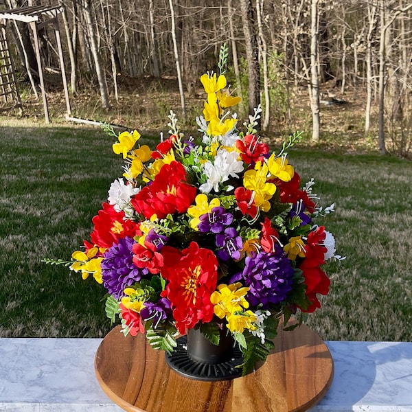 Bright Yellow-Red-Purple Cemetery Vase, Vase Arrangement, Memorial Cemetery Vase, Memorial Flowers, Spring Cemetery Vase, Sympathy Flowers