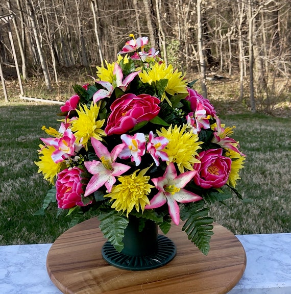 Yellow and Pink Cemetery Vase, Vase Arrangement, Memorial Cemetery Vase, Memorial Flowers, Spring Cemetery Vase, Sympathy Flowers