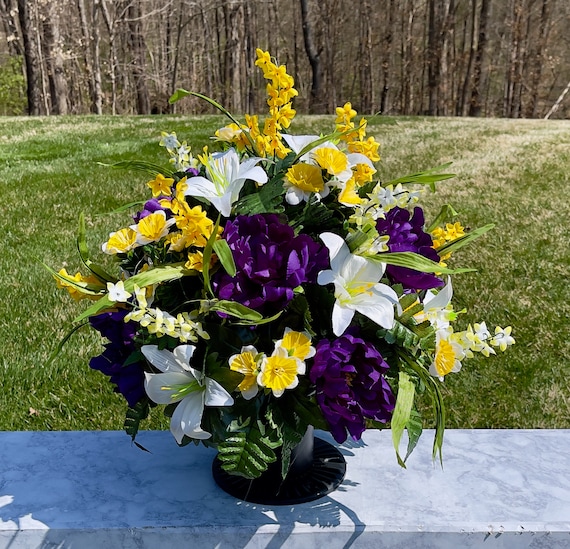 Purple, Yellow and Green Cemetery Vase, Vase, Memorial Cemetery Vase, Memorial Flowers, Memorial Day Cemetery Vase, Sympathy Flowers
