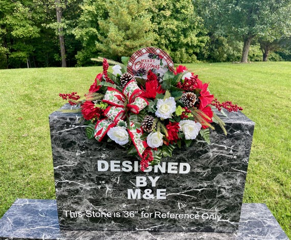 Christmas Cemetery Saddle: Cardinal & Silk Flowers Headstone Arrangement