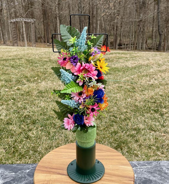 Bright Multi-Color Silk Flowers on Cross, Cemetery Cross with Heart, 22” Cross Flower Arrangement, Flowers for Cemetery, Memorial Flowers