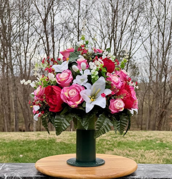 Cemetery Vase Arrangement, Red White Roses Lilies, Memorial Flowers