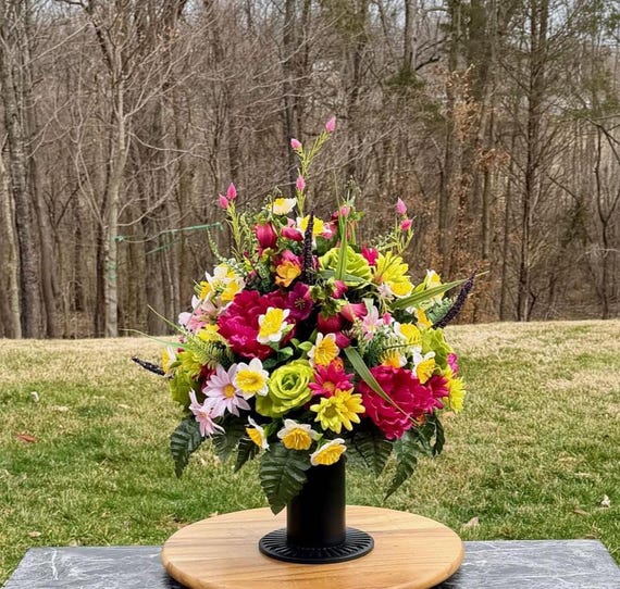 Multi-Colors Cemetery Vase Arrangement, Headstone Arrangement, Memorial Flowers