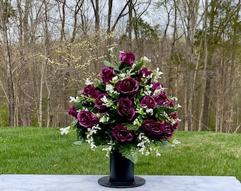 Plum Rose Cemetery Vase: Silk Memorial Flower Arrangement