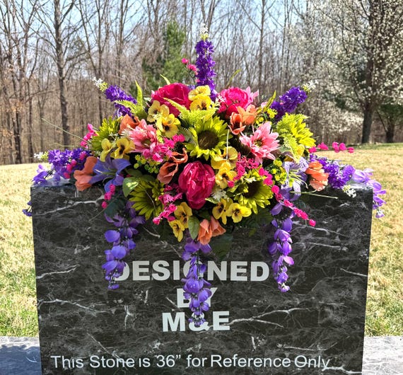 Colorful Silk Flower Cemetery Saddle: Headstone Memorial Arrangement