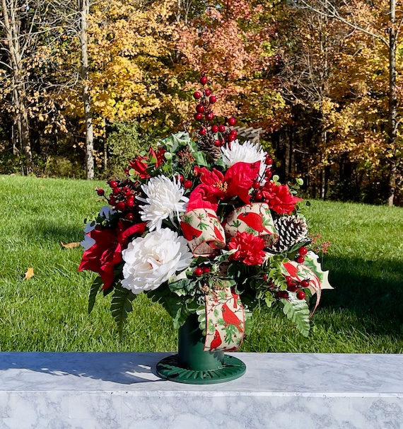 Redbird Bow Christmas Cemetery Vase, Vase Arrangement, Memorial Cemetery Vase, Memorial Flowers, Cemetery Vase, Sympathy Flowers