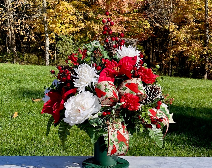 Redbird Bow Christmas Cemetery Vase, Vase Arrangement, Memorial