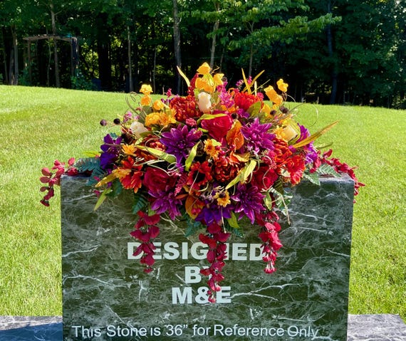 Burgundy Silk Flower Cemetery Saddle: Memorial Headstone Arrangement