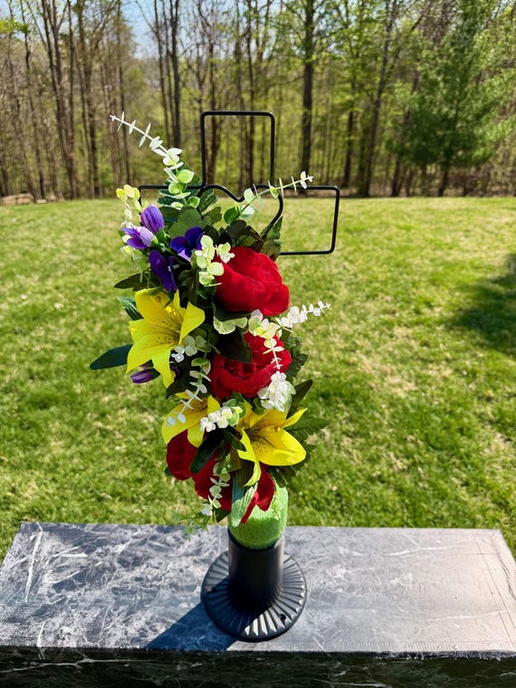 Multi-Color Silk Flower Cemetery Cross Arrangement, Grave Decoration Memorial