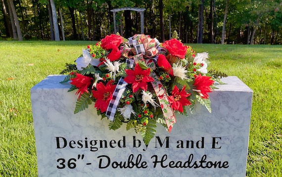 Redbirds with Bow and Berries Christmas Cemetery Saddle Christmas, Christmas Cemetery Flowers, Christmas Headstone Saddle Arrangement
