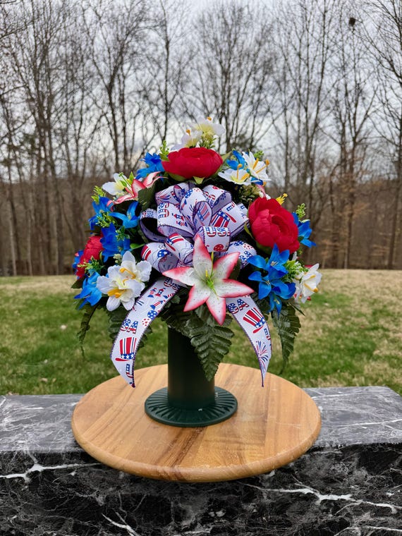 Red White Blue USA Memorial Cemetery Vase Arrangement