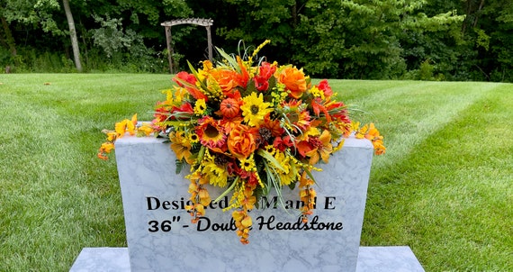 1 Yellow-Orange Quality Silk Flowers, Cemetery Saddle, Cemetery Flowers, Headstone Saddle, Cemetery Arrangement, Memorial Day Flowers