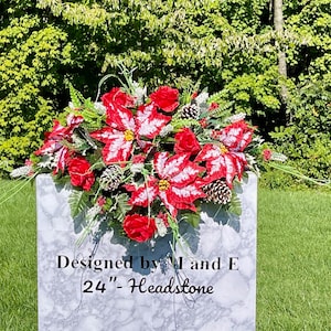 Beautiful Poinsettia Christmas Cemetery Saddle Christmas, Christmas Cemetery Flower, Christmas Headstone Saddle Arrangement, Memorial Flower