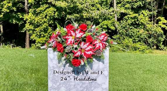 Beautiful Poinsettia Christmas Cemetery Saddle Christmas, Christmas Cemetery Flower, Christmas Headstone Saddle Arrangement, Memorial Flower