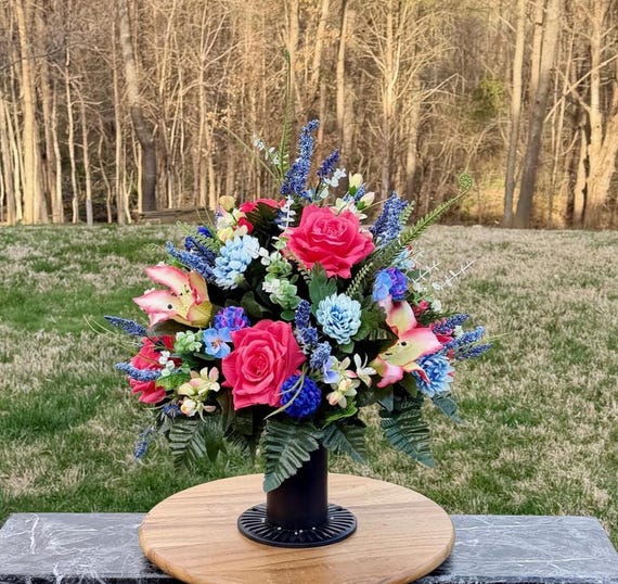 Multi-Color Cemetery Vase Arrangement, Headstone Memorial Decoration