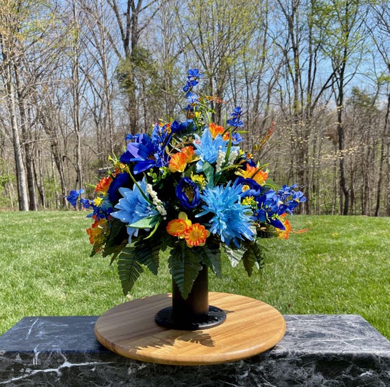 Blues and Orange Cemetery Vase, Vase Arrangement, Memorial Cemetery Vase, Memorial Flowers, Spring Cemetery Vase, Sympathy Flowers