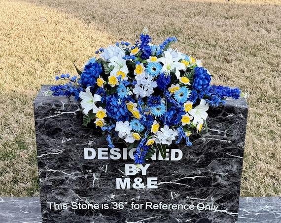 Blue, Yellow and White Quality Silk Flowers, Cemetery Saddle, Cemetery Flowers, Headstone Saddle, Cemetery Arrangement, Memorial Day Flowers