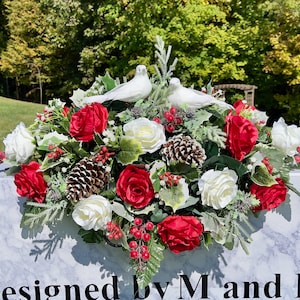 Love Doves Christmas Cemetery Saddle, Christmas Cemetery Flowers, Headstone Saddle Arrangement, Christmas Headstone Saddle