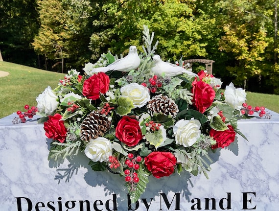 Love Doves Christmas Cemetery Saddle, Christmas Cemetery Flowers, Headstone Saddle Arrangement, Christmas Headstone Saddle