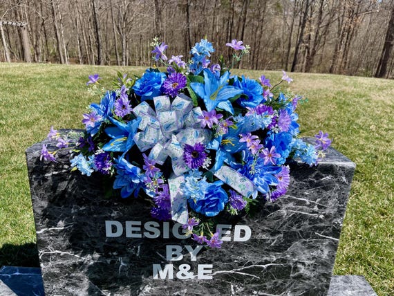 Big Bow Blue-Lavender Cemetery Saddle, Cemetery Saddle, Double Headstone Saddle, Headstone Decoration, Cemetery Flower, Memorial Day Flowers
