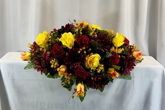 1 Yellow and Burgundy Quality Silk Flowers, Cemetery Saddle, Cemetery Flowers, Headstone Saddle, Cemetery Arrangement, Memorial Flowers