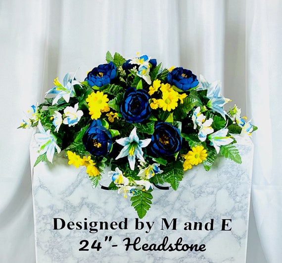 Yellow and Blue Cemetery Saddle, Flowers for the Cemetery, Memorial Day Saddle, Sympathy Flowers, Cemetery Flowers, Gravesite Flowers