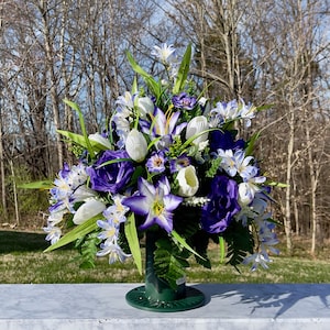 White, Purple and Violet Cemetery Vase, Vase Arrangement, Memorial Cemetery Vase, Memorial Flowers, Spring Cemetery Vase, Sympathy Flowers