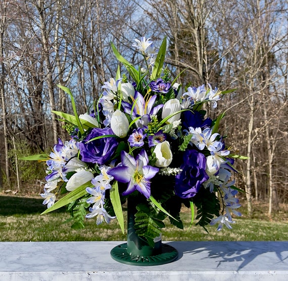 White, Purple and Violet Cemetery Vase, Vase Arrangement, Memorial Cemetery Vase, Memorial Flowers, Spring Cemetery Vase, Sympathy Flowers