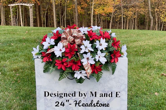 Red White Poinsettia Christmas Cemetery Saddle, Headstone Decoration (22-24 inch)