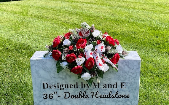 Christmas Cardinals with Bow Cemetery Saddle, Christmas Grave, Christmas Cemetery Flowers, Christmas Headstone Arrangement, Memorial Flowers