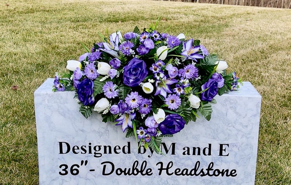 Purple and White Quality Silk Flowers, Cemetery Saddle, Cemetery Flowers, Headstone Saddle, Cemetery Arrangement, Memorial Day Flowers