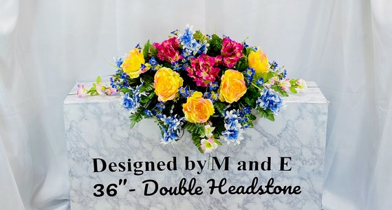 Yellow and Pink Quality Silk Flowers, Cemetery Saddle, Cemetery Flowers, Headstone Saddle, Cemetery Arrangement, Memorial Day Flowers