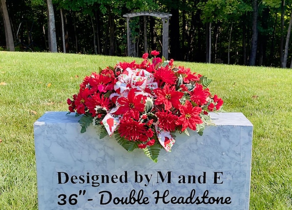 Cardinal Christmas Cemetery Saddle, Red Floral Headstone Arrangement
