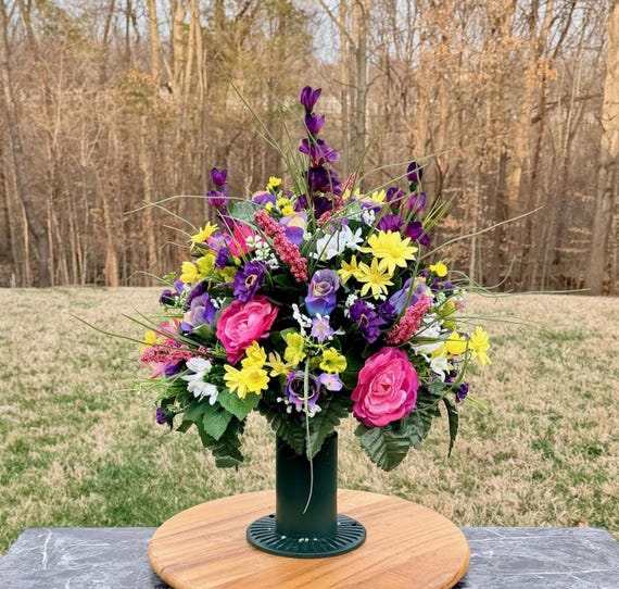 Purple, Pink, Yellow and Pink Cemetery Vase, Grave Decorations, Memorial Arrangement Flowers