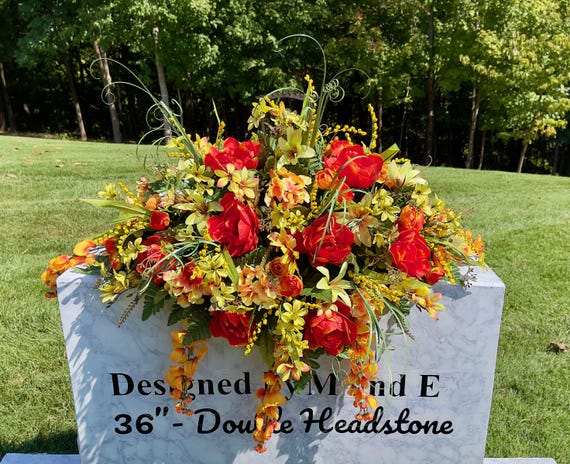 Large Greens-Oranges Quality Silk Flowers, Cemetery Saddle, Cemetery Flowers, Headstone Saddle, Cemetery Arrangement, Memorial Flower