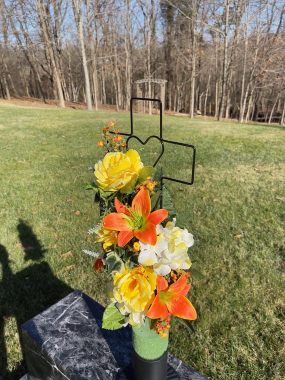 Yellow Orange and White Silk Flower on Cross, Cemetery Cross with Heart, 22” Cross Flower Arrangement, Flower for Cemetery, Memorial Flowers