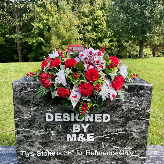 Christmas Cemetery Saddle: Merry Christmas Cardinal Sign & Bow Memorial Flowers